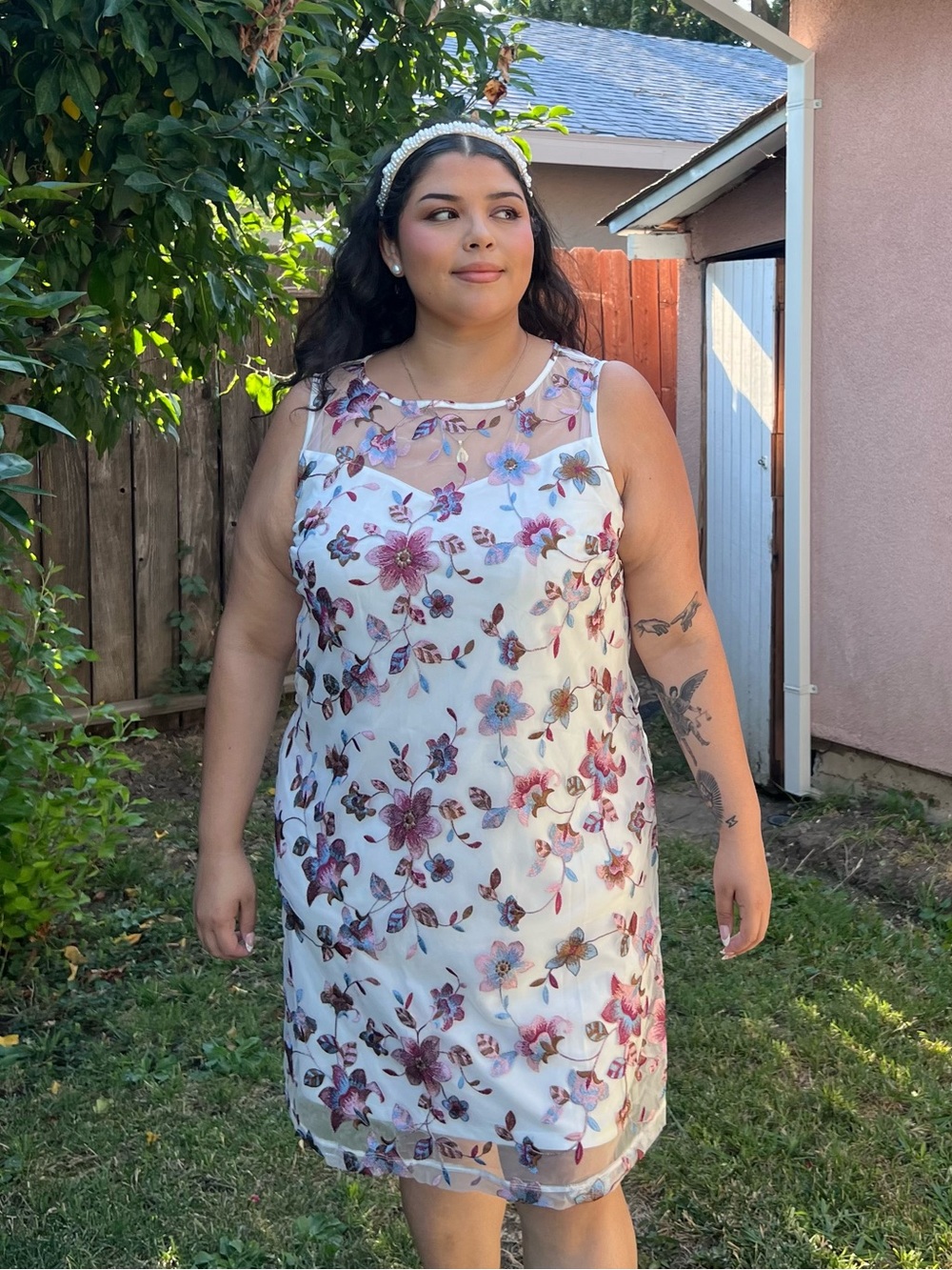 Lane Bryant White Sheath Dress with Mauve and Light Blue Floral Embroidery